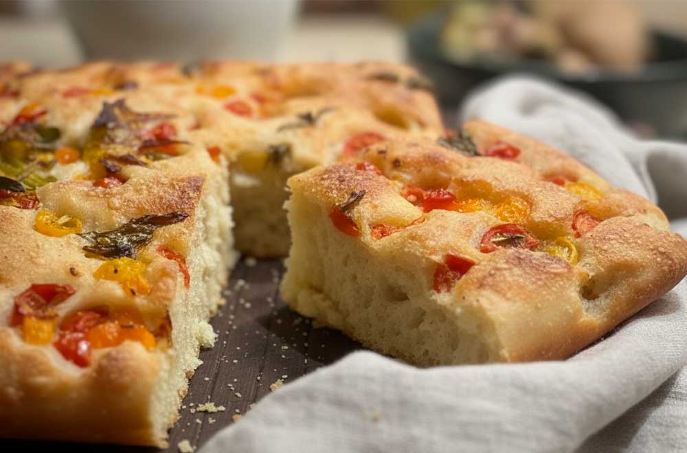 focaccia con pomodorini gialli e rossi e basilico ricetta facile