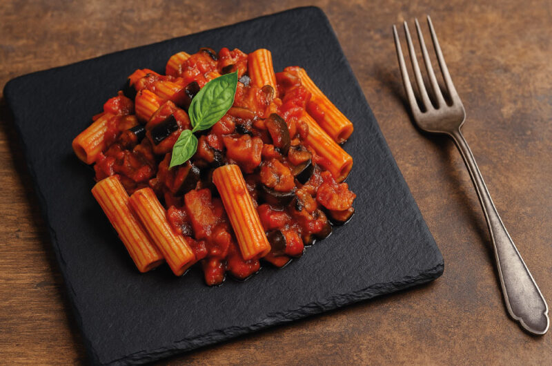 Ziti Rigati con Melanzane a Tocchetti al Pomodoro