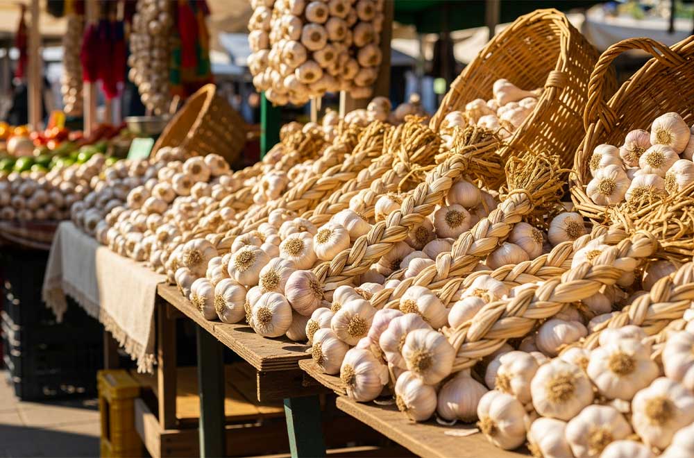aglio venduto al mercato come portafortuna